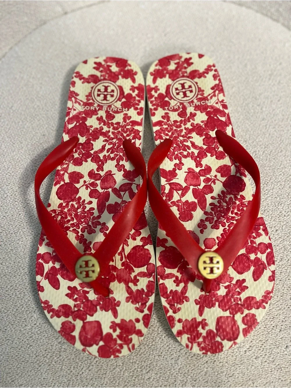Tory Burch Red Floral Logo Thong Sandals
